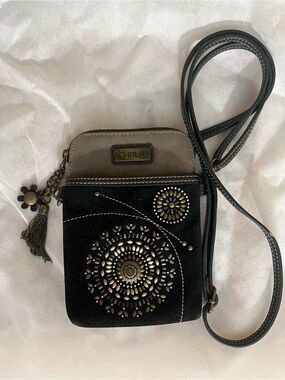 Chala Black and Gray Suede Crossbody with Floral Stud Medallions